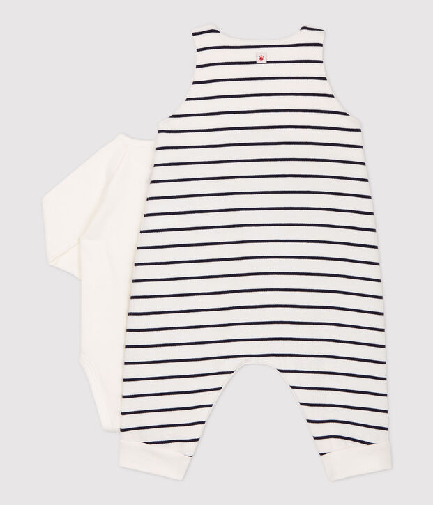 Ensemble 2 pi&egrave;ces marini&egrave;re b&eacute;b&eacute; en coton biologique blanc/bleu